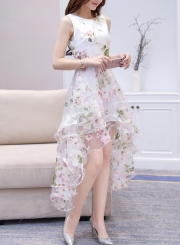 Women's Fashion Round Neck Sleeveless Floral Print High Low Dress