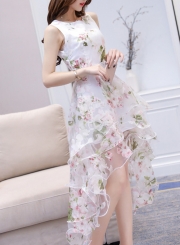 Women's Fashion Round Neck Sleeveless Floral Print High Low Dress