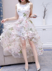 Women's Fashion Round Neck Sleeveless Floral Print High Low Dress