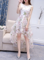 Women's Fashion Round Neck Sleeveless Floral Print High Low Dress