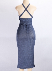 Women's Fashion off Shoulder Backless Slit Bodycon Knit Dress