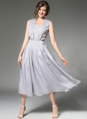 Women's Solid Evening Pleated Chiffon Dress