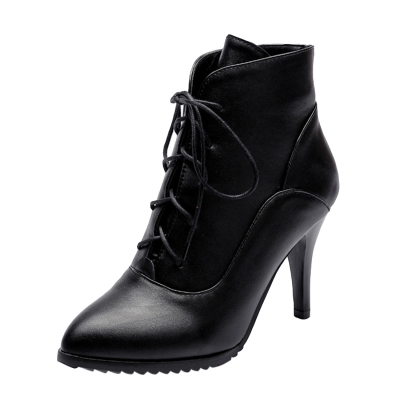 Women's Solid Stiletto Heels Pointed Toe Lace up Boots lonhooker.com