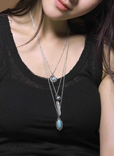 Women's Multi Layered Metal Feather Turquoise Necklace zecalaba.com