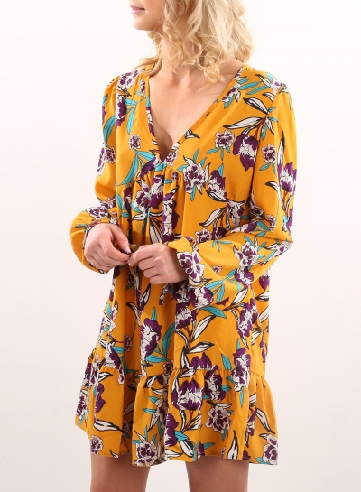 Women's V Neck Long Sleeve Floral Printed Mini Dresses