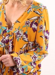 Women's V Neck Long Sleeve Floral Printed Mini Dresses