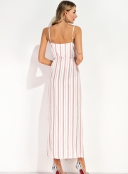 Women's Sexy Spaghetti Strap Striped Slit Maxi Dresses