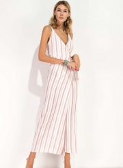 Women's Sexy Spaghetti Strap Striped Slit Maxi Dresses