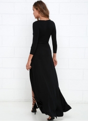 Women's Sexy Deep V Neck Long Sleeve Slit Maxi Dresses