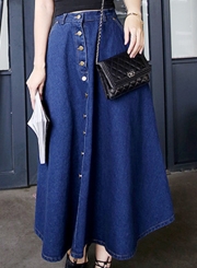 Women's A-line Button down Maxi Denim Pleated Skirt