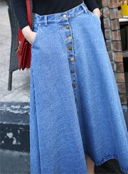 Women's A-line Button down Maxi Denim Pleated Skirt