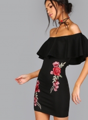 Women's Slash Neck Floral Embroidery Bodycon Mini Dresses