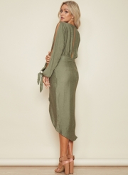 Women's V Neck Long Sleeve Asymmetric Midi Dresses