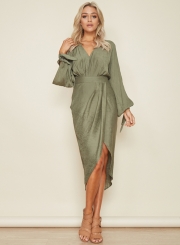 Women's V Neck Long Sleeve Asymmetric Midi Dresses