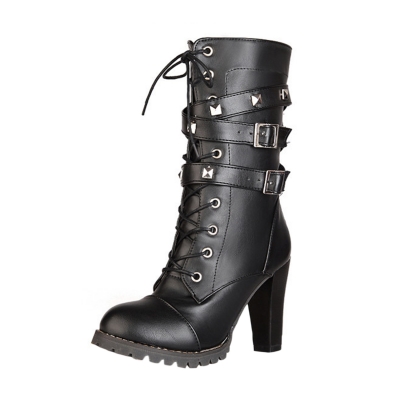 Women's Block Heels Side Zipper Boots with Rivet lonhooker.com