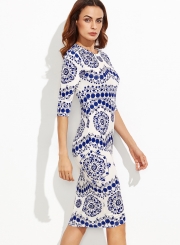 Women's Round Neck Half Sleeve Floral Printed Slim Midi Dresses