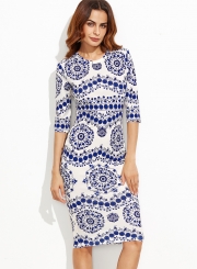 Women's Round Neck Half Sleeve Floral Printed Slim Midi Dresses