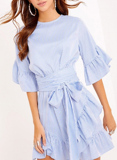 Women's Ruffle Sleeve Striped Dress with Belt