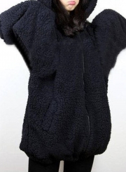 Women's Long Sleeve Zip Up Bear Ear Plush Hoodie