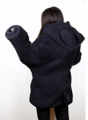 Women's Long Sleeve Zip Up Bear Ear Plush Hoodie