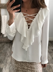 Women's Solid V Neck Lace-up Ruffle Long Sleeve Blouse