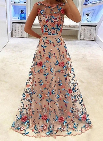 Women's Sleeveless Floral Embroidery Maxi Dress