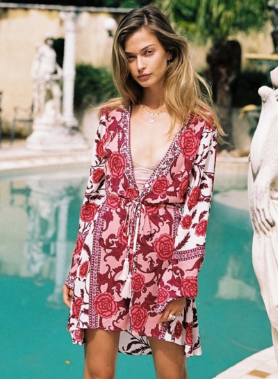 Women's Floral Print Long Sleeve Loose Chiffon Kimono Beachwear
