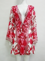 Women's Floral Print Long Sleeve Loose Chiffon Kimono Beachwear