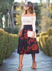 Women's High Waist Rose Print A-line Skirt