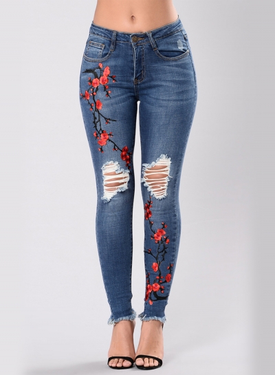 Women's Floral Embroidery Ripped Denim Pants