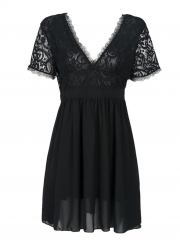 Women's V Neck Short Sleeve Lace Panel A-line Dress