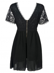 Women's V Neck Short Sleeve Lace Panel A-line Dress