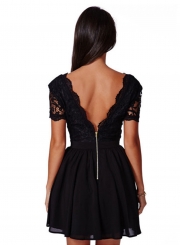 Women's V Neck Short Sleeve Lace Panel A-line Dress