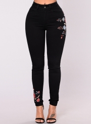 Women's Casual High Waist Bodycon Floral Embroidery Pants