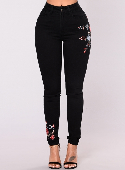 Women's Casual High Waist Bodycon Floral Embroidery Pants