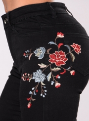 Women's Casual High Waist Bodycon Floral Embroidery Pants