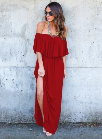 Solid Slash Neck Off Shoulder High Slit Maxi Dress YOYOTSHOP.com