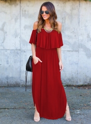 Solid Slash Neck Off Shoulder High Slit Maxi Dress