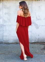 Solid Slash Neck Off Shoulder High Slit Maxi Dress