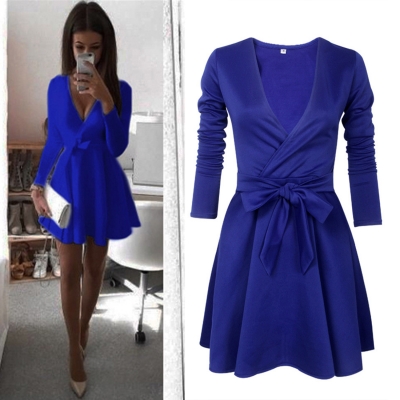 Fashion V Neck Long Sleeve Bow Detail A-line Dress