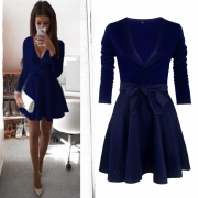 Fashion V Neck Long Sleeve Bow Detail A-line Dress