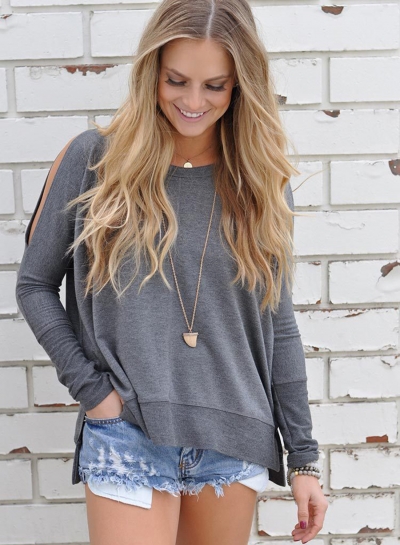 Round Neck Off Shoulder Knit Tee Shirt lonhooker.com