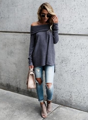 Solid Pleated Slash Neck Long Sleeve Knit Tee Shirt