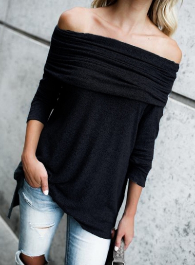 Solid Pleated Slash Neck Long Sleeve Knit Tee Shirt zecalaba.com