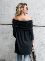 Solid Pleated Slash Neck Long Sleeve Knit Tee Shirt