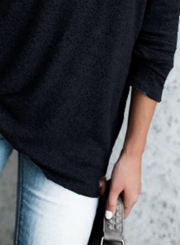 Solid Pleated Slash Neck Long Sleeve Knit Tee Shirt