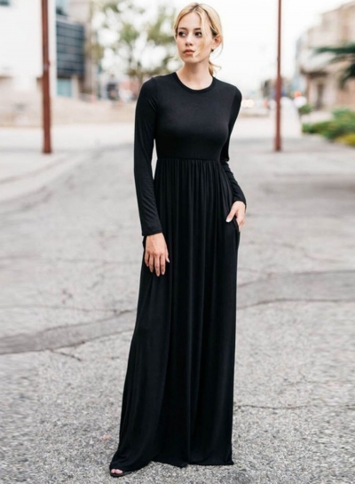 Solid Long Sleeve High Waist Round Neck Long Dress YOYOTSHOP.com