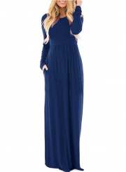 Solid Long Sleeve High Waist Round Neck Long Dress