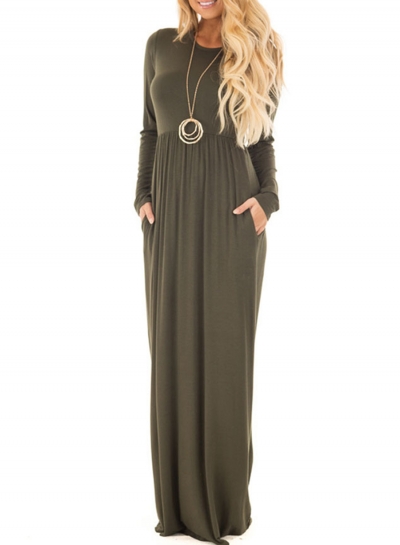 Solid Long Sleeve High Waist Round Neck Long Dress YOYOTSHOP.com