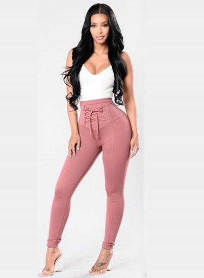 Casual High Waist Solid Color Lace Up Leggings